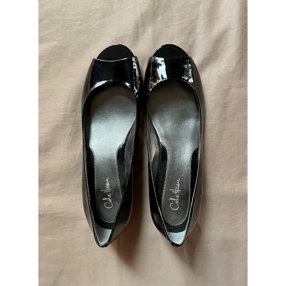 Cole Haan Peep-toe Black Patent Leather Low Wedges